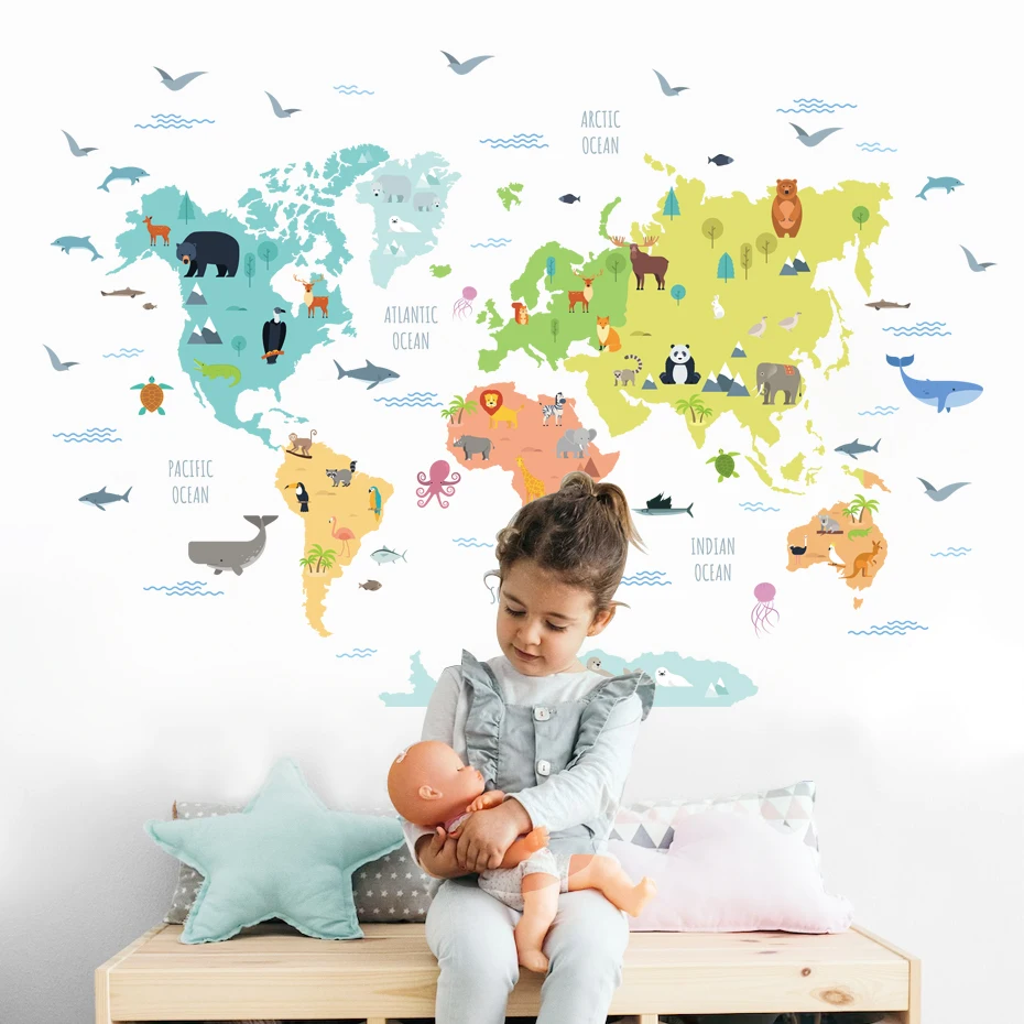 

Cartoon Animal World Map Nursery Wall Sticker Peel and Stick Vinyl Removable Wall Decal Mural Kids Bedroom Playroom Home Decor