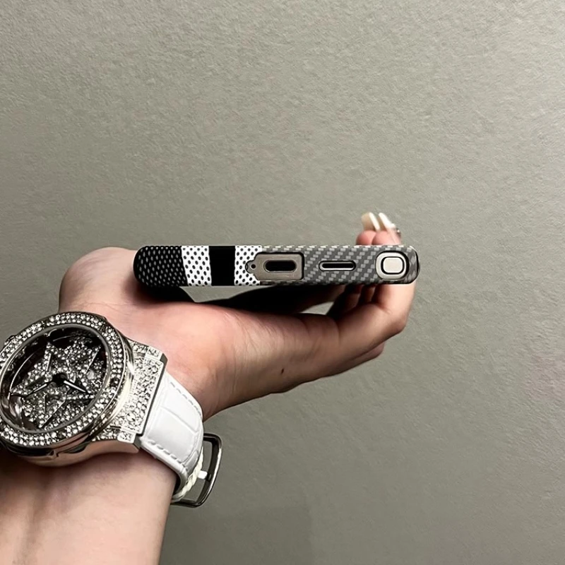 Luxurious Carbon Fiber Relief Texture Magnetic Case with Alloy Lens, Wireless Charging Compatible