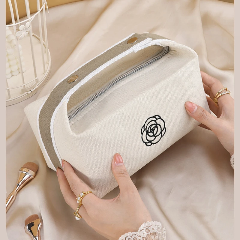 Premium Handheld Portable Camellia Canvas Makeup Bag for Travel Large Capacity Toiletries Cosmetics Skincare Storage Bag 4