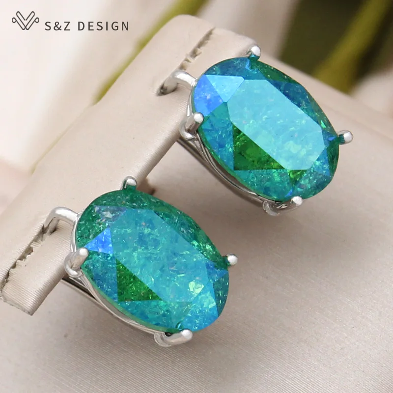 S&Z DESIGN New Fashion 585 Rose Gold Color Ice Crack Egg Shape Oval Crystal Dangle Earrings For Women Wedding Party Jewelry