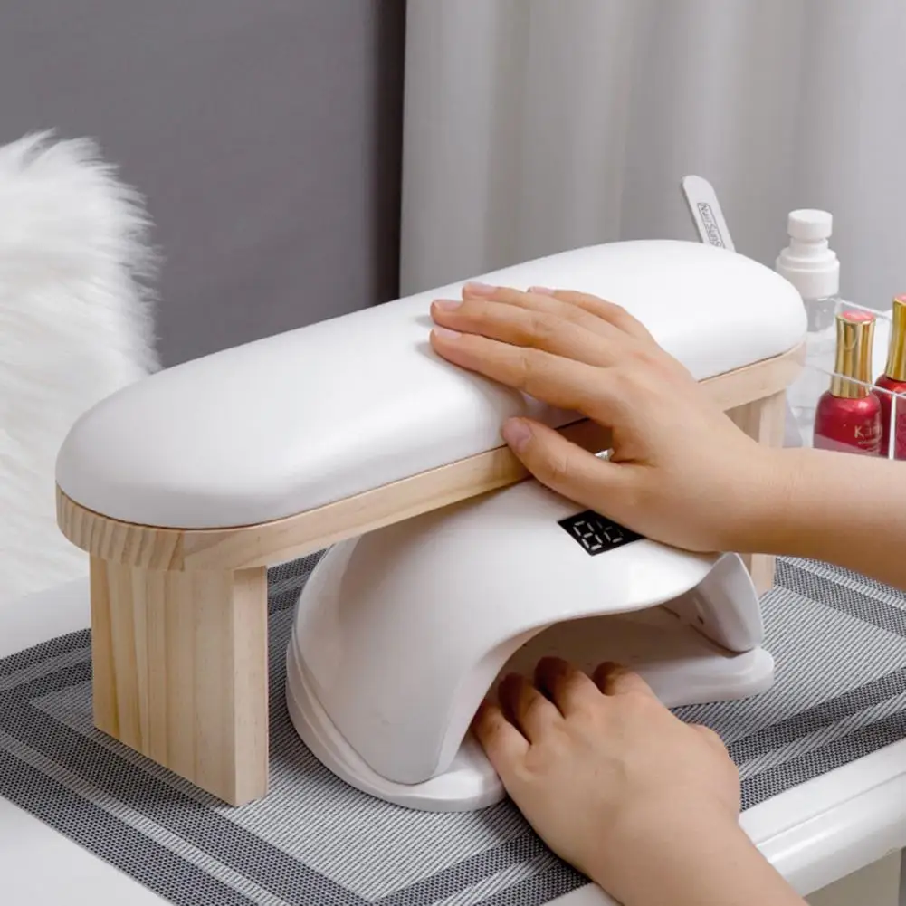Nail Art Hand Rest Wood Stand Soft Sponge Filling Faux Leather Wrist Support Professional Manicure Stand Palm Arm Pillow
