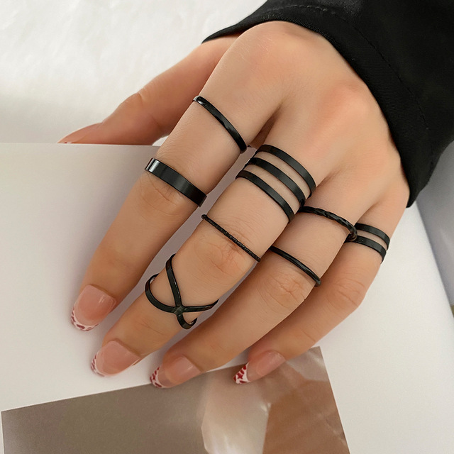 Boho Wave Black Joint Ring Sets for Women Charms Hollow Geometric Simple Party Jewely Accessories 17512