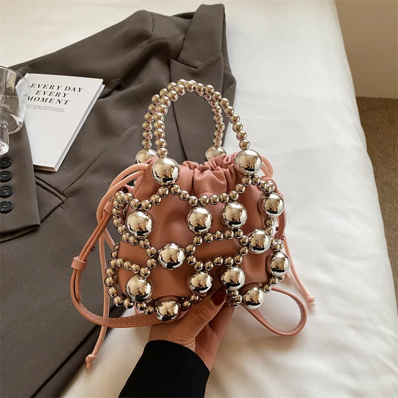 Luxury Beaded Handbags Hollow Woven Pearls Bags for Women Fashion Drawstring Shoulder Bag Lady Evening Bag Party Wedding Clutch