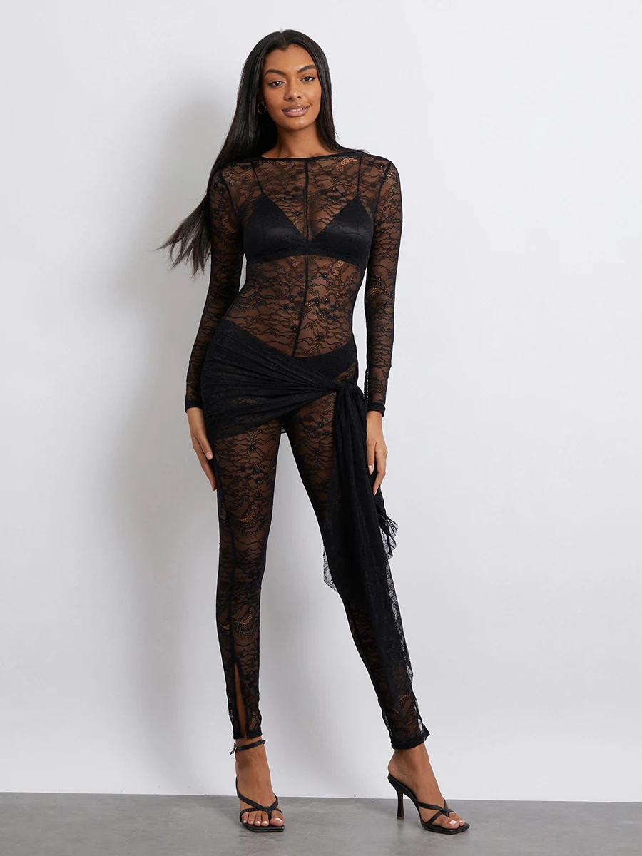 

Women Sexy Long Sleeve Lace Jumpsuit See Through Crewneck Bodycon Jumpsuit Romper Playsuit