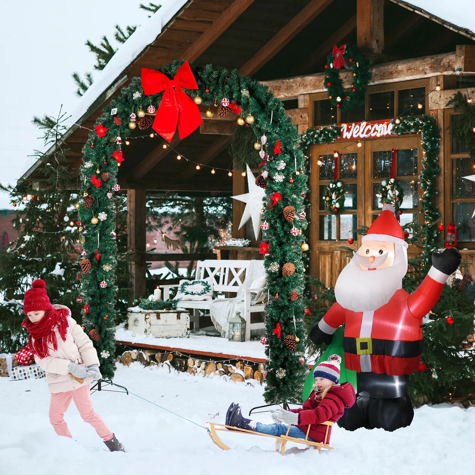 240*40*265cm PVC Christmas Arch with Ornaments Holiday Arch Decoration Green