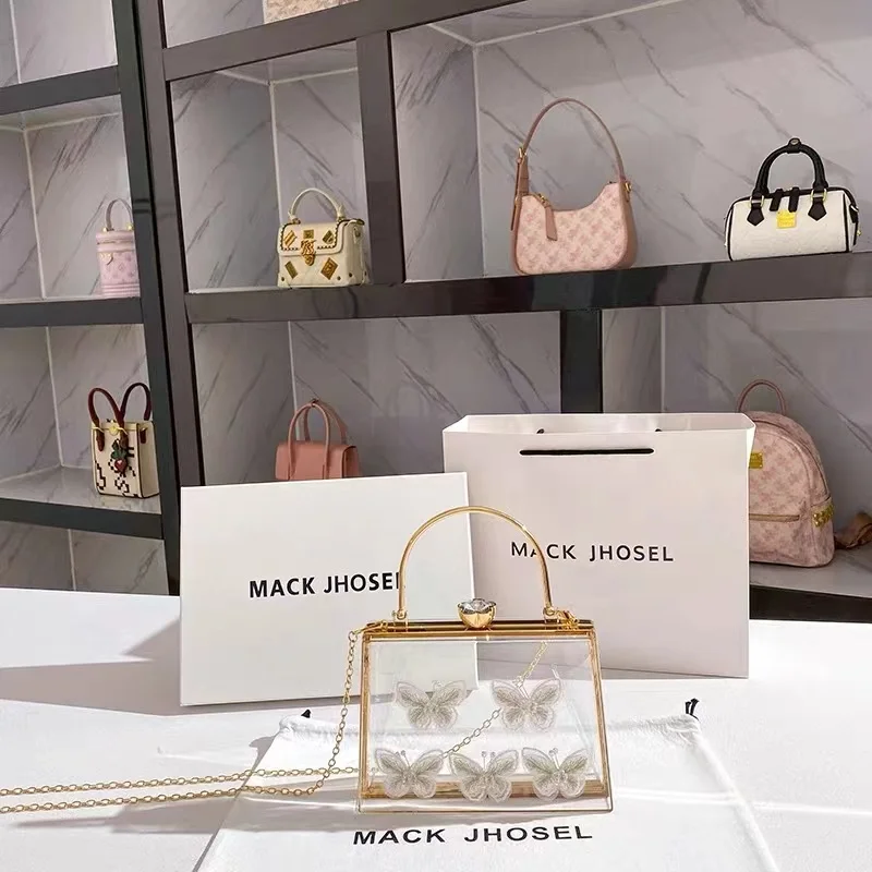 High Quality Transparent Acrylic Box Square Bag Appliques Bow Women Fashion Handbag Lady Purse Female Shoulder Crossbody Bag