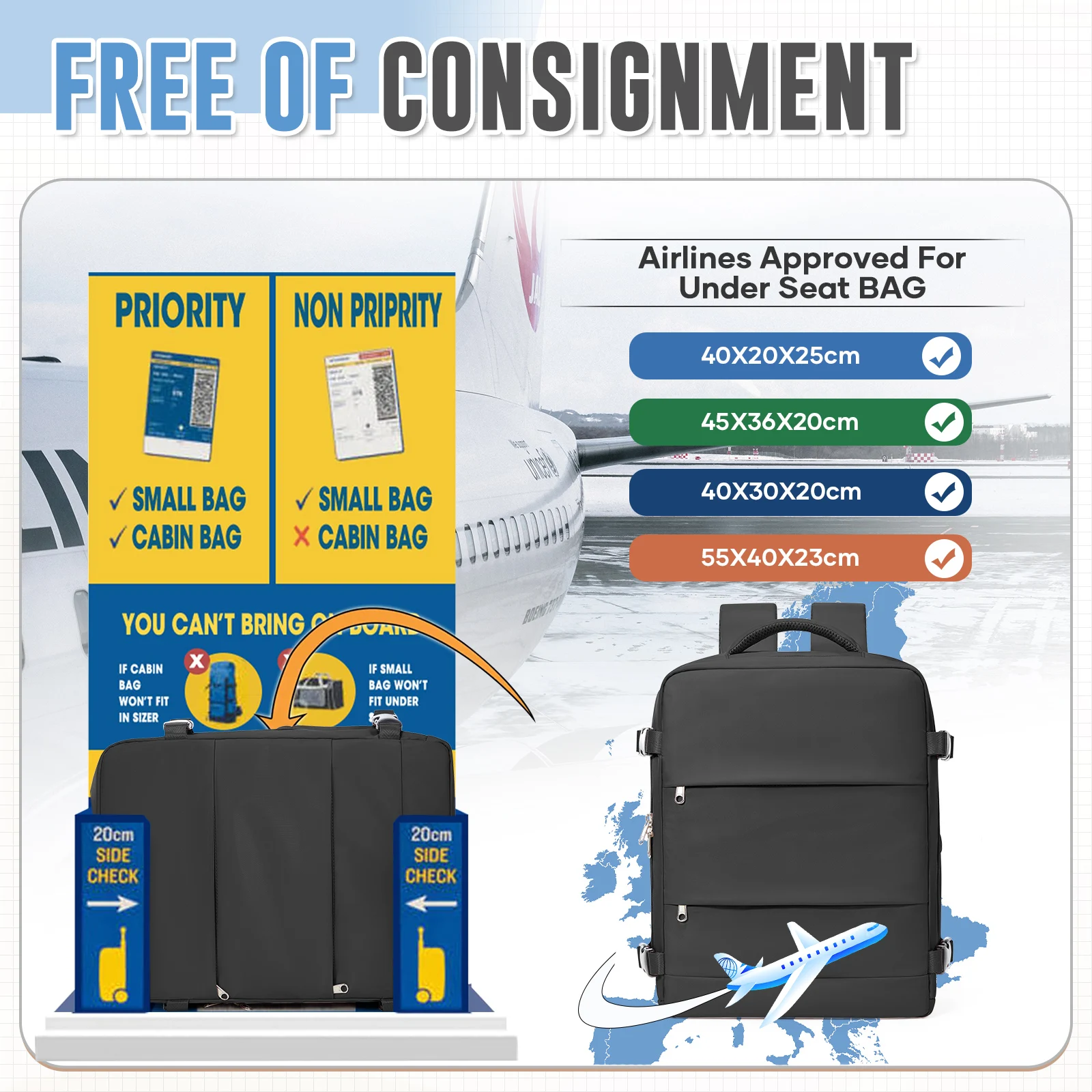 Ryanair Backpack 40x30x20, Easyjet Wiz Cabin Airplane Backpack, Travel Backpack for Women Men Carry on Bag Business Computer Bag