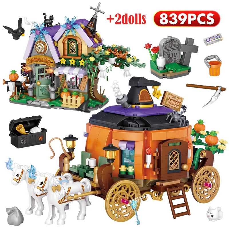 

839PCS City Mini Halloween Cottage House Building Blocks Friends Cute Pumpkin Carriage Figures Bricks Toy for Children Gift