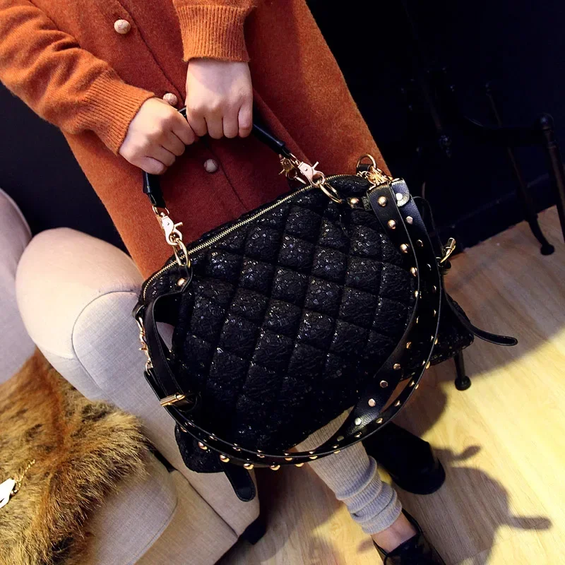 

Korean Fashion Black Leather Women's Rivet Bag Female Handbags Lace Big Tote New Trendy Ladies Crossbody Shoulder Top Handle Bag