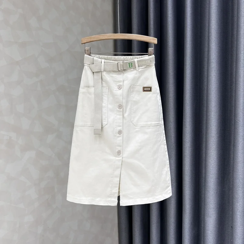 

Женская джинсовая юбка А-силуэта, повседневная однобортная длинная юбка до середины икры из хлопка с высокой талией и поясом в Корейском стиле, 2024