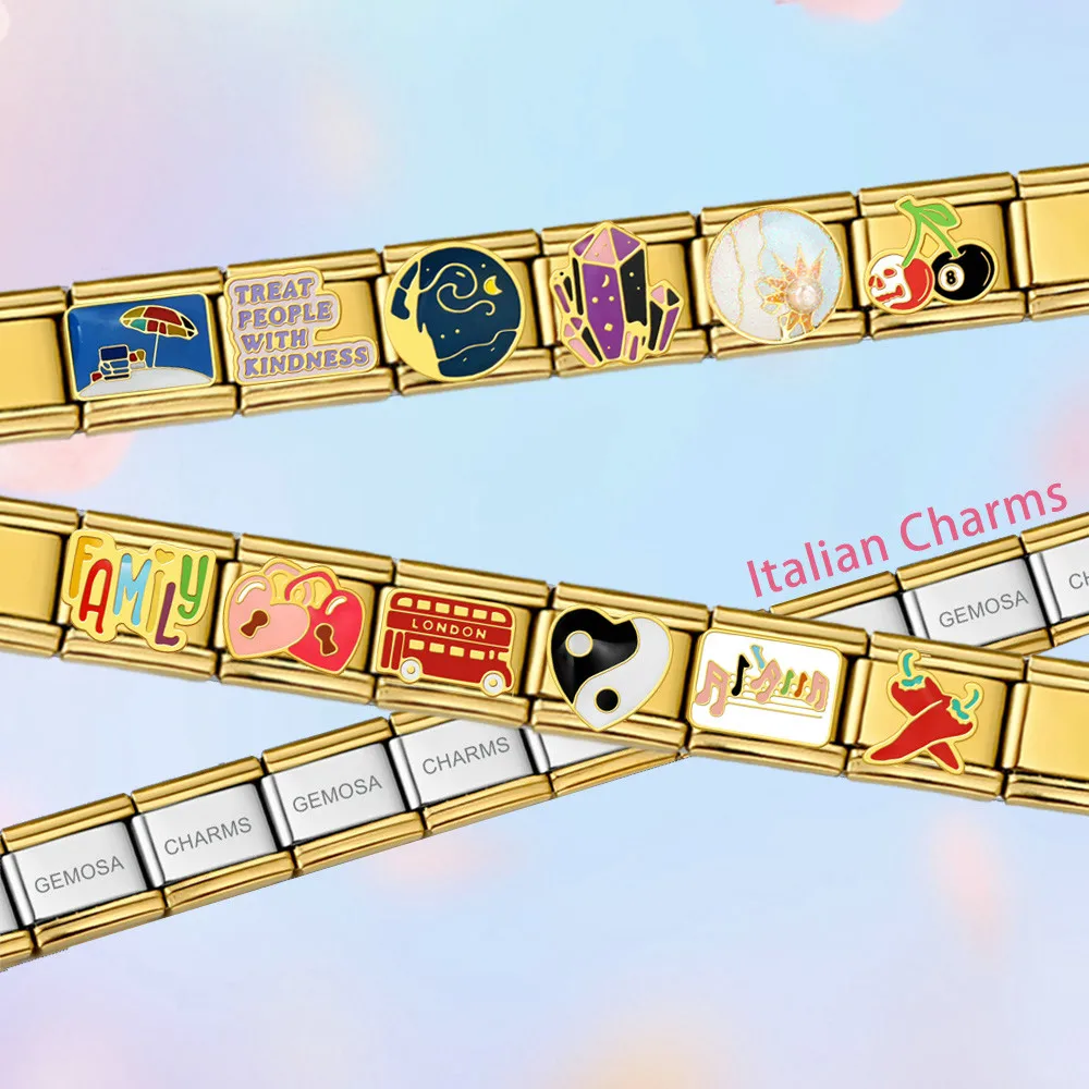 GEMOSA 9mm Klassische Chili Sun Violine ​ Familien-Edelstahl-Armband zum Selbermachen, goldfarben, italienischer Charm, Valentinstag-Schmuck