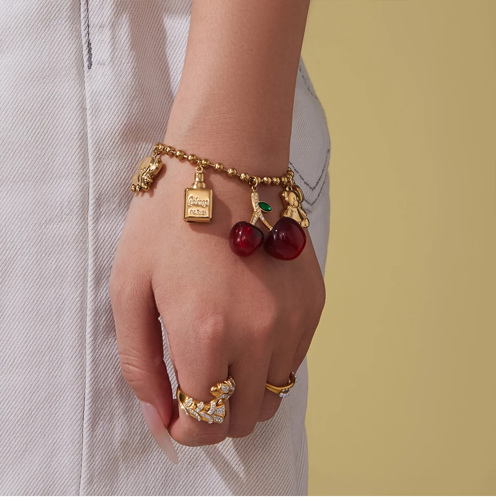 Süße rote Harz Kirsche Anhänger Halskette Edelstahl vergoldet Kette Armband Tropfen Ohrringe Damen Luxus Schmuck Set – Detail 12