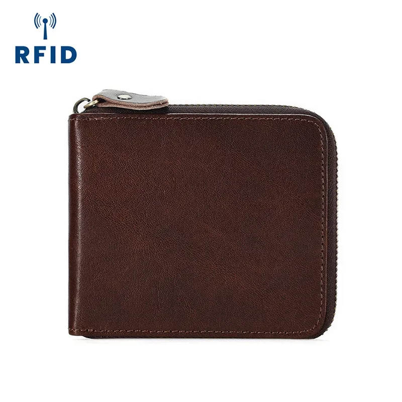 New Men's RFID Blocking Leather Wallet Short Zipper Purse Retro Style Coin Pouch