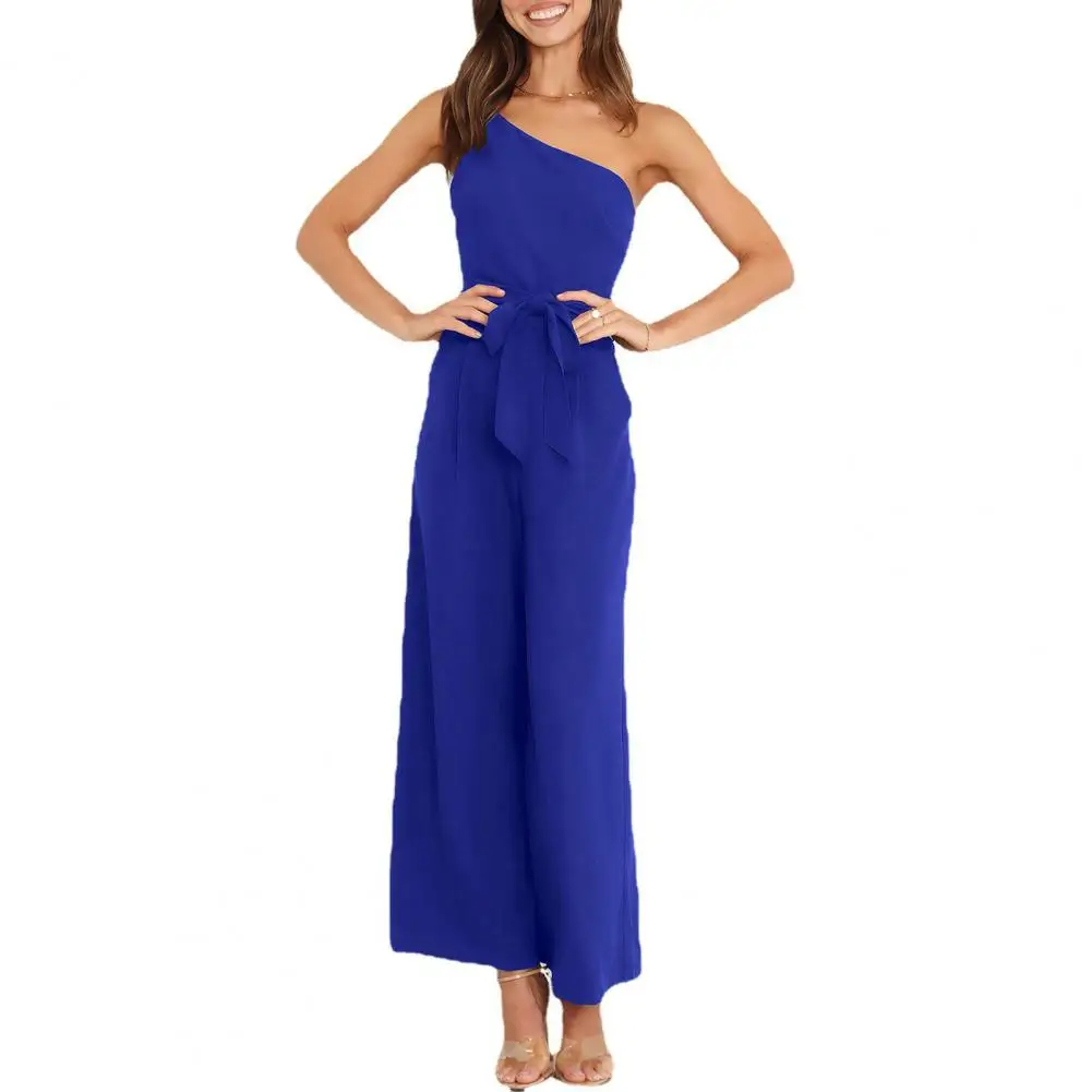 

Solid Color Jumpsuit Women Long Romper Stylish Women's Lace-up Jumpsuit Slim Waist Off-shoulder Wide-leg Pants for Spring Summer