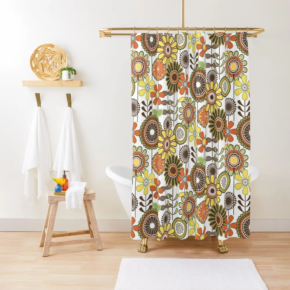 

Cute Retro Mid Century Flower Pattern - Orange Green Yellow Brown Shower Curtain Luxury Bathroom Waterproof Shower Cover Curtain