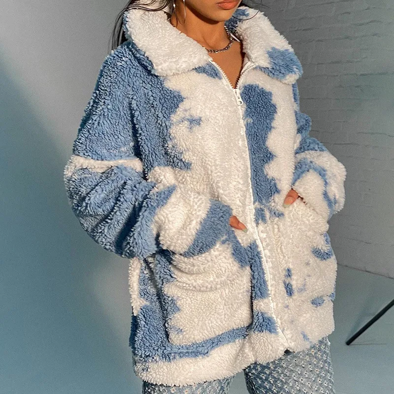Women Winter Streetwear Furry Fleece Warm Cardigan Women Overcoat Blue Sky and White Clouds Print Lamb Wool Coats Teddy Jackets
