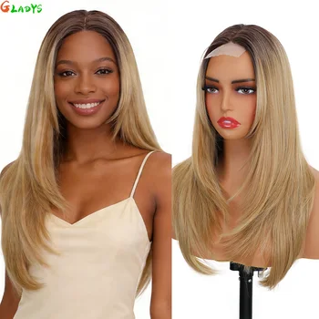 Parrucca in pizzo da 210g/pz, densità 180%, colore 6-24-613, con parte centrale, senza colla, 24 pollici, biondo ombré, capelli sintetici, per uso quotidiano