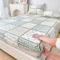 Floral Patchwork Fitted Sheet Twin Queen Size 100% Cotton Green Plaid Deep Pocket Sheet 3Pcs Shabby Chic Botanical Bed Sheet Set 3