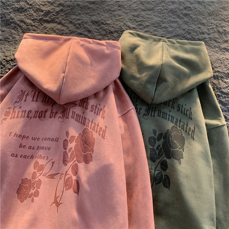 

Suede Hooded Sweatshirts Hip Hop Gothic Printed Casual Coat Trendy Pullover Oversized Harajuku Male Streetwear Hoodies