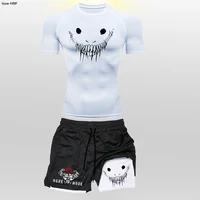 Anime drôle visage 2 en 1 Shorts t-shirt costumes hommes Fitness respirant seconde peau Compression chemises ensembles gymnase Double pont Shorts 3