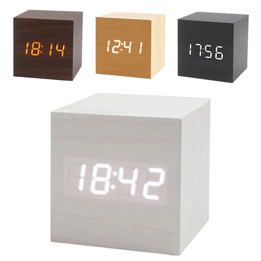 DigitalAlarmClockWoodenElectronicLEDTimeDisplaySilenceVoice
