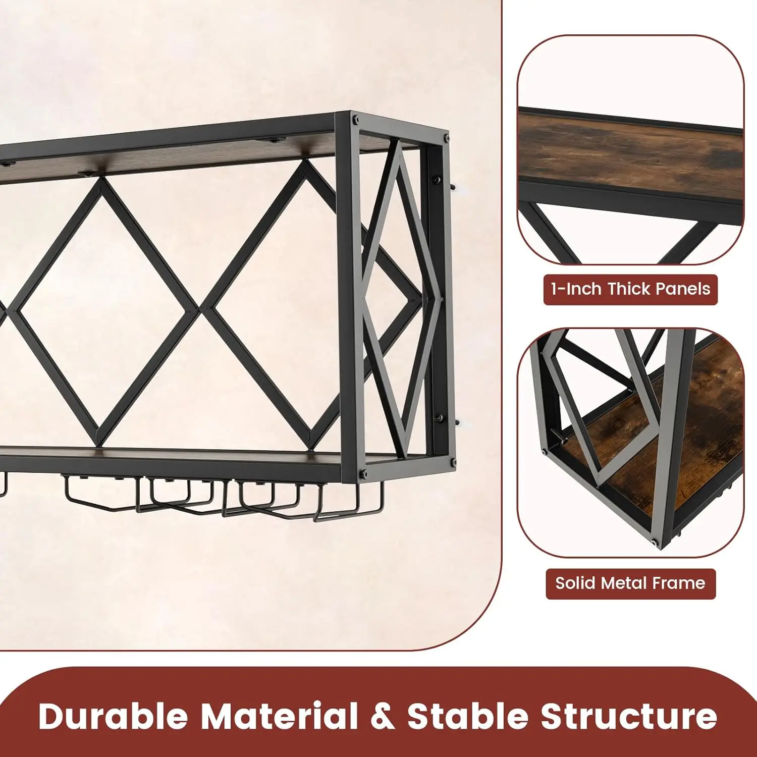 Industrial Wall Mounted Wine Rack, 39-Bottle Metal Wine Holder Wall with 12 Glass Holder, Hanging Wine Glass Rack Wall Mounted