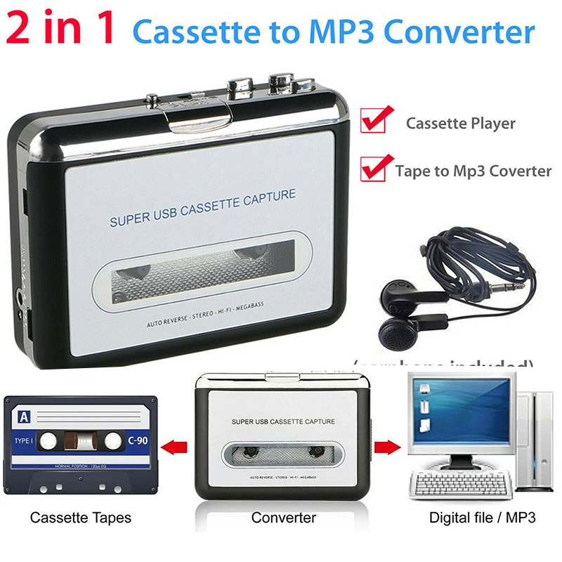 Cassette Player Portable Tape to USB2.0 PC Super Cassette To MP3 Audio Music CD Digital Player Converter Capture Recorder +Headphone