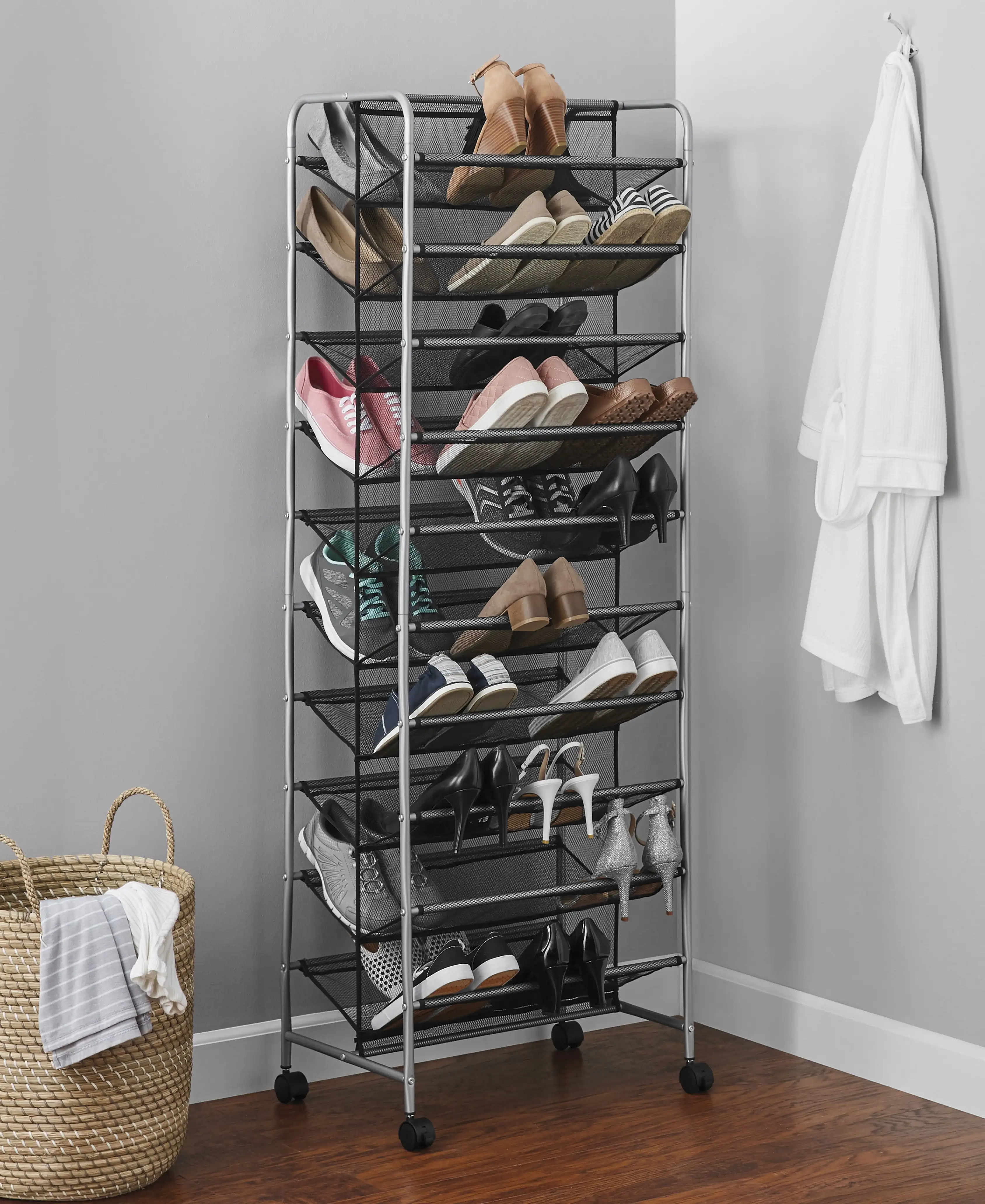 10 Tier 60 Pair Metal and Mesh Rolling Shoe Rack 3