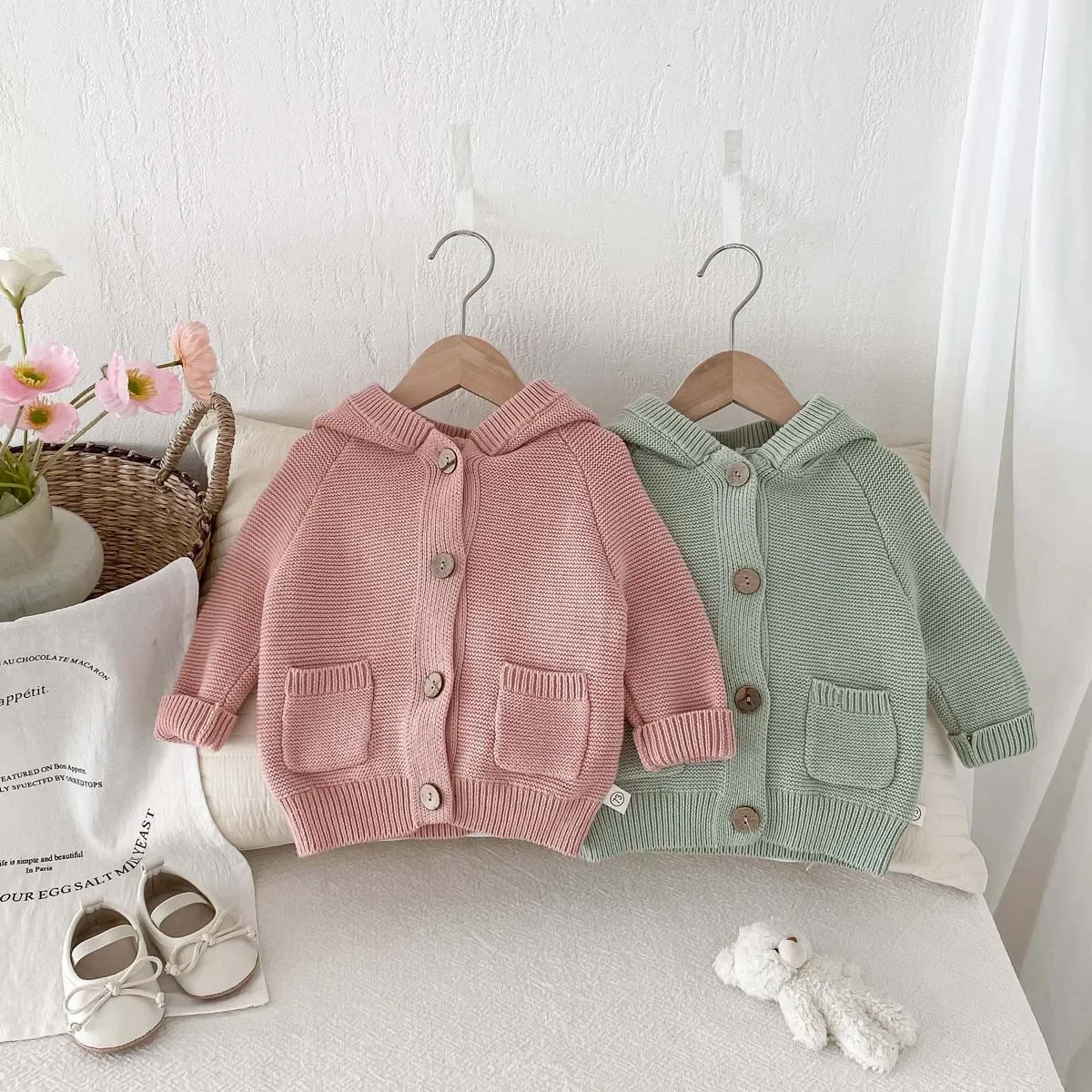 Autumn Spring New in Kids Baby Girls Boys Casual Clothing , Infant Toddler Hooded Solid Color Knitted Top Outwear Coat