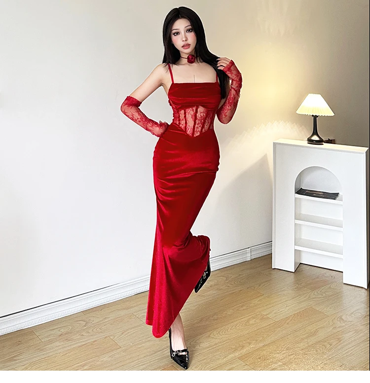 Sexy Bodycon Velvet Dresses for Women Spaghetti Strap Corset Slim Waist Slit Evening Party Dress Prom Robe Christmas Vestidos