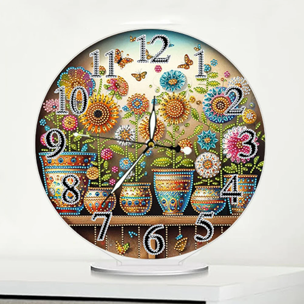 Potted Plant 2D Flat Acrylic DIY Diamond Painting Clock Kit 5D Diamond Art Clock