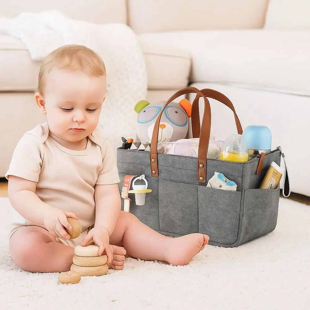 Large Capacity Felt Diaper Storage Bag Foldable with Handle Infant Diaper Bag Portable Baby Stroller Hanging Bag Nursery