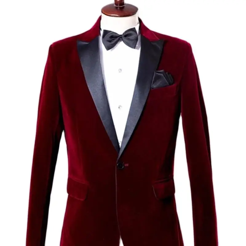 

Men Suits Regular Fit 2 Piece Red Velvet With Black Pants Men's Blazer Sets Wedding Groom Formal Outfits Tailor-Made Plus Size
