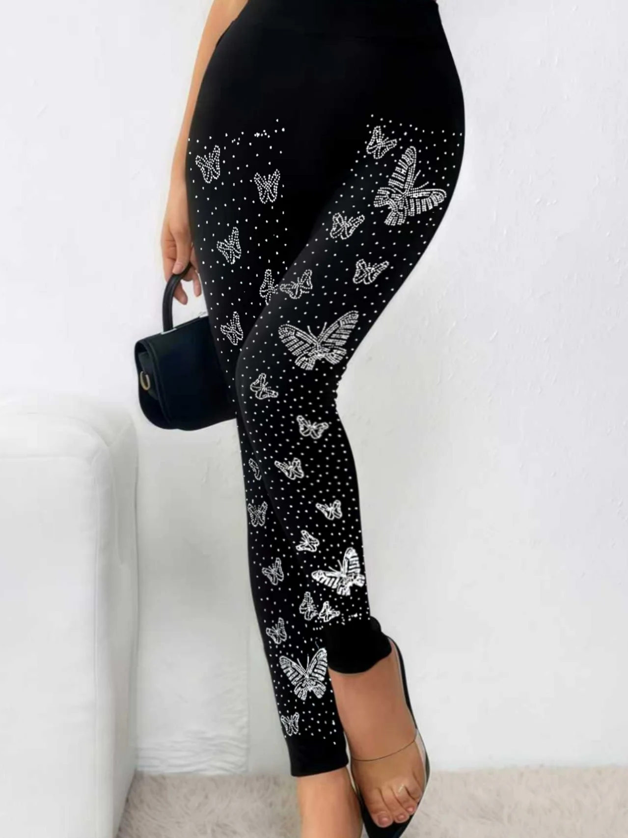 Women's High Waisted Rhinestone Butterfly Leggings Sparkly Crystal Bling Embellished Yoga Pants Sexy Slim Fit Tights Black 5