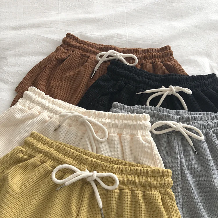 spandex shorts Summer Women Sports Shorts Elastic Drawstring High Waist Cotton Waffle A-line Wide Leg Shorts Solid Women Home Casual Shorts women's swim shorts