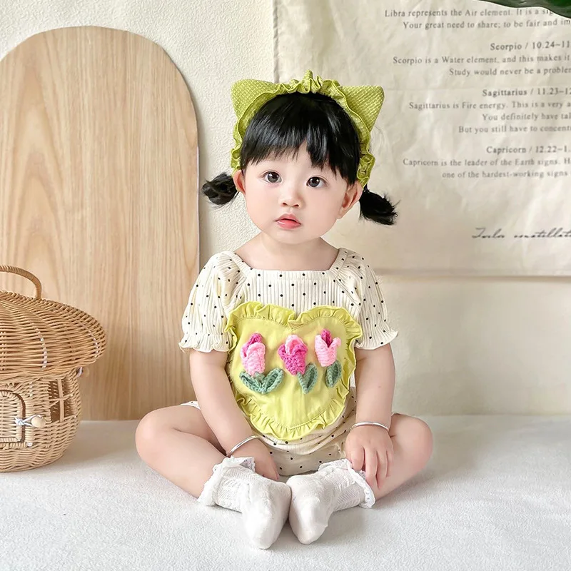 

Baby clothes summer thin style girl three-dimensional flower infant jumpsuit short sleeved newborn clothes