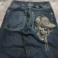 Street Fashion Trend Skull Embroidered Jeans Women Harajuku Y2K New Hip Hop Joker Straight Wide-leg Pants Couple Casual Jeans 2