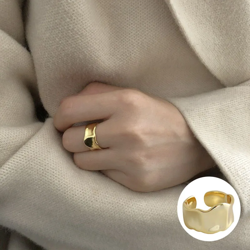 

100% 925 Sterling Silver Gold Irregular Open Rings for Women Girl Wave Texture Smooth Design Jewelry Birthday Gift Dropshipping