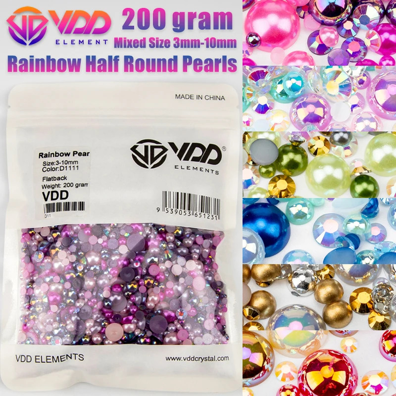 VDD 200g Wholesale Mix Size Half Round Pearls ABS Flatback Beads Resin  Color AB Rhinestones For Crafts DIY Nail Art Decorations