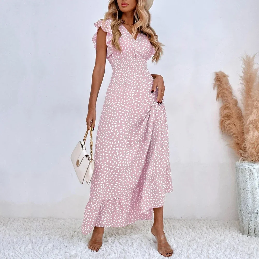 

Summer Ruffles Short Sleeve Boho Maxi Dress Women V Neck Polka Dot Print Floral Party Dress Ladies Bohemian Long Dress for Women