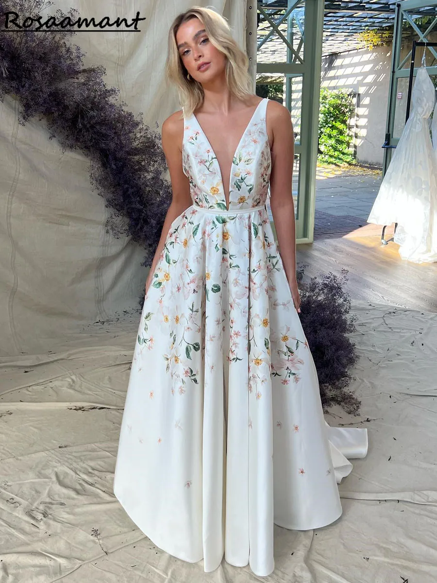 

Boho Floral Print A-Line Wedding Dresses V Neck Print Flower Bridal Gowns Vestidos De Novia