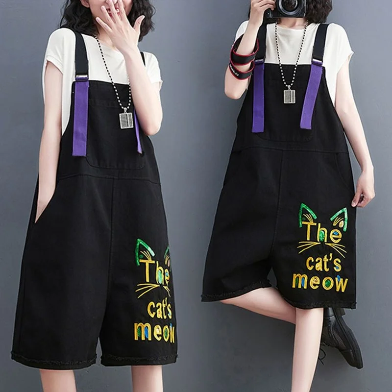 Women\'s Denim Strap Playsuits 2023 Summer New Plus Size Clothing Cover Belly Wide Leg Pants Fashion Jumpsuit Shorts Ladies Jeans