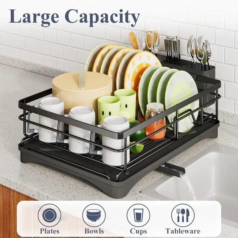 Dish Drying Rack-Stainless Steel Dish Rack for Kitchen Counter, Large-Capacity Drainer with Cutlery Holder, Kitchen