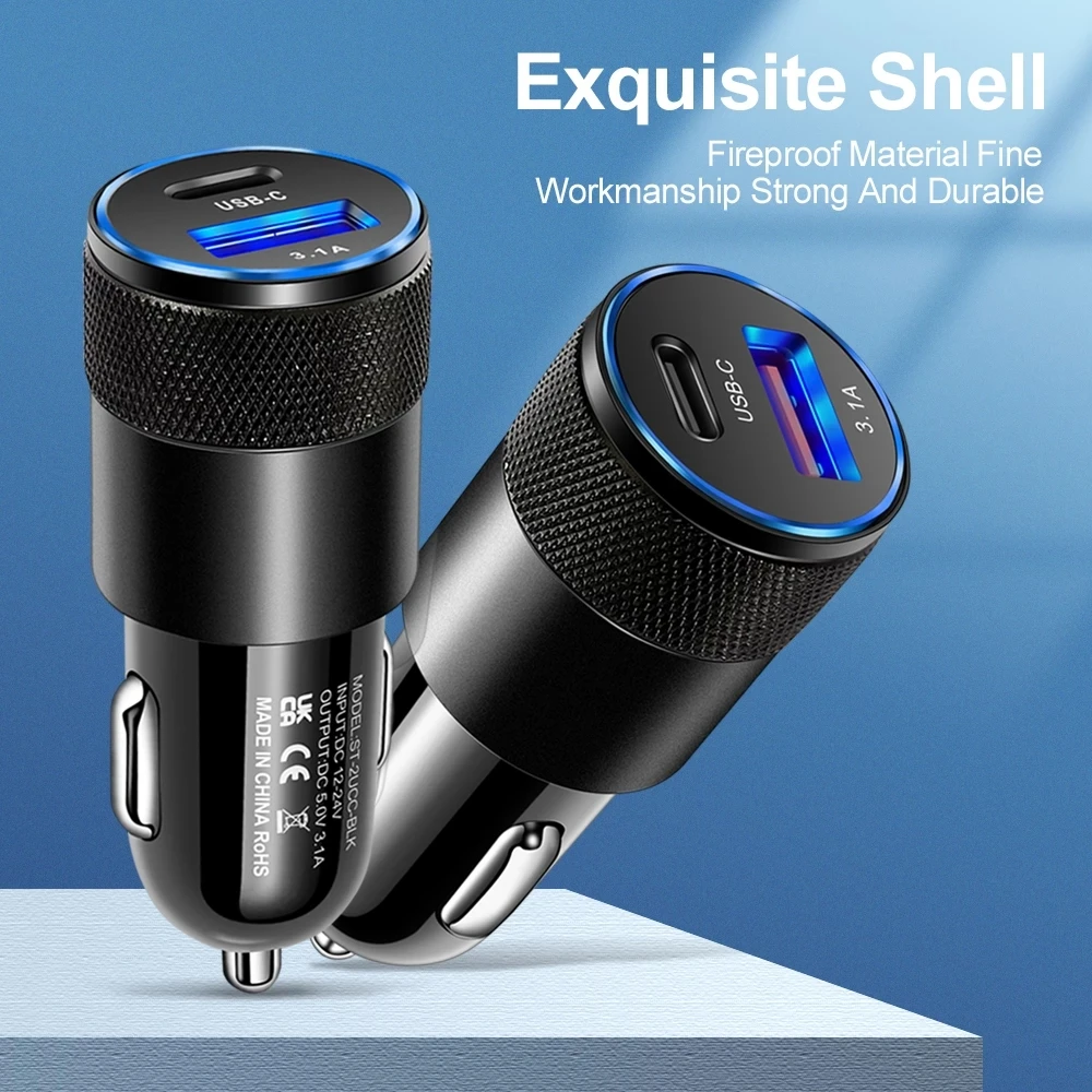 Phone Charger Adapter Type C USB 2 Port Car Charger 3A Fast Charging 12V 15W Cigarette Lighter Adapter Power Outlet for iPhone Samsung