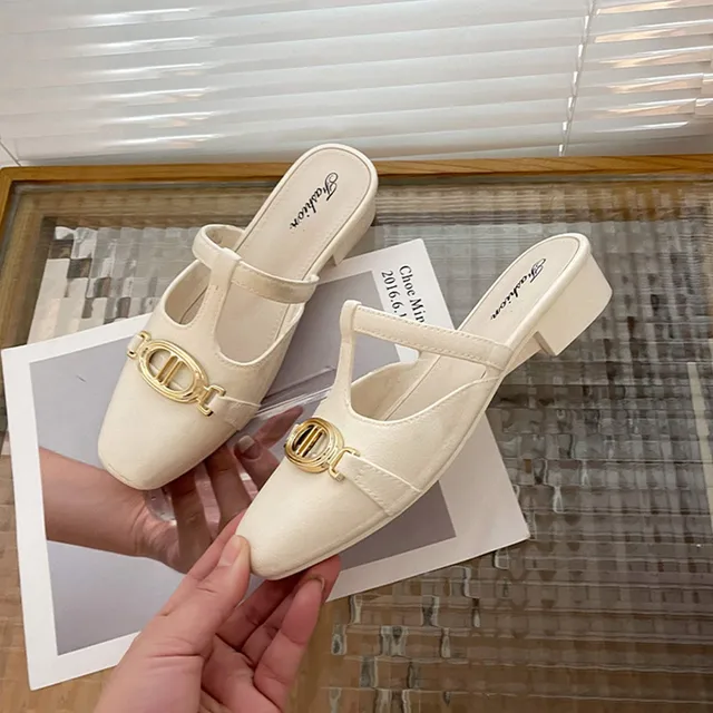 Sandales d'été à talons bas pour femmes, chaussures de luxe rétro en métal, résistantes à l'usure, pantoufles de marche quotidiennes 1