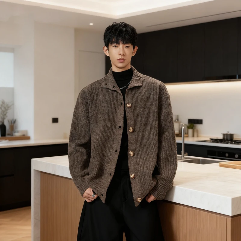 패셔너블한 하이 칼라 남성 니트웨어 루즈 캐주얼 스웨터 솔리드 컬러 오픈 가디건 스포츠 레저 가을 겨울 의류