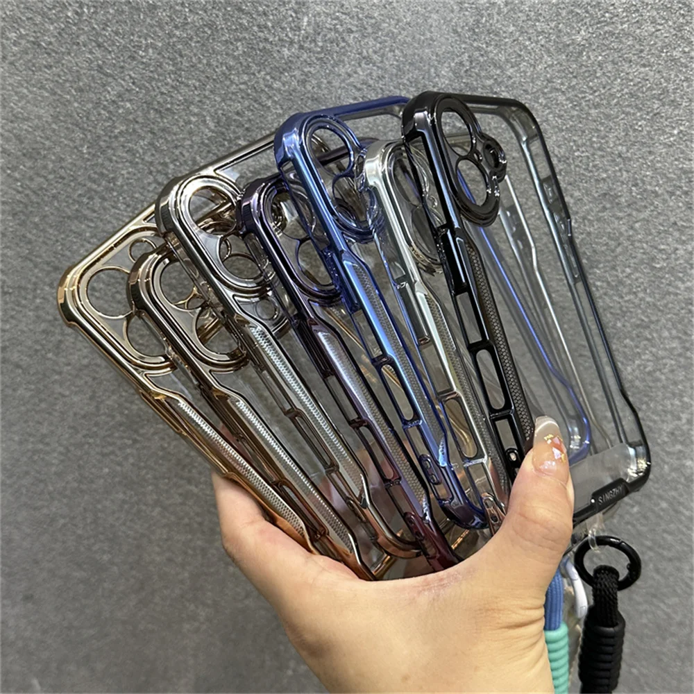 Elegant Plated Clear Wrist Strap Lanyard Phone Case with Cooling Protective Cover