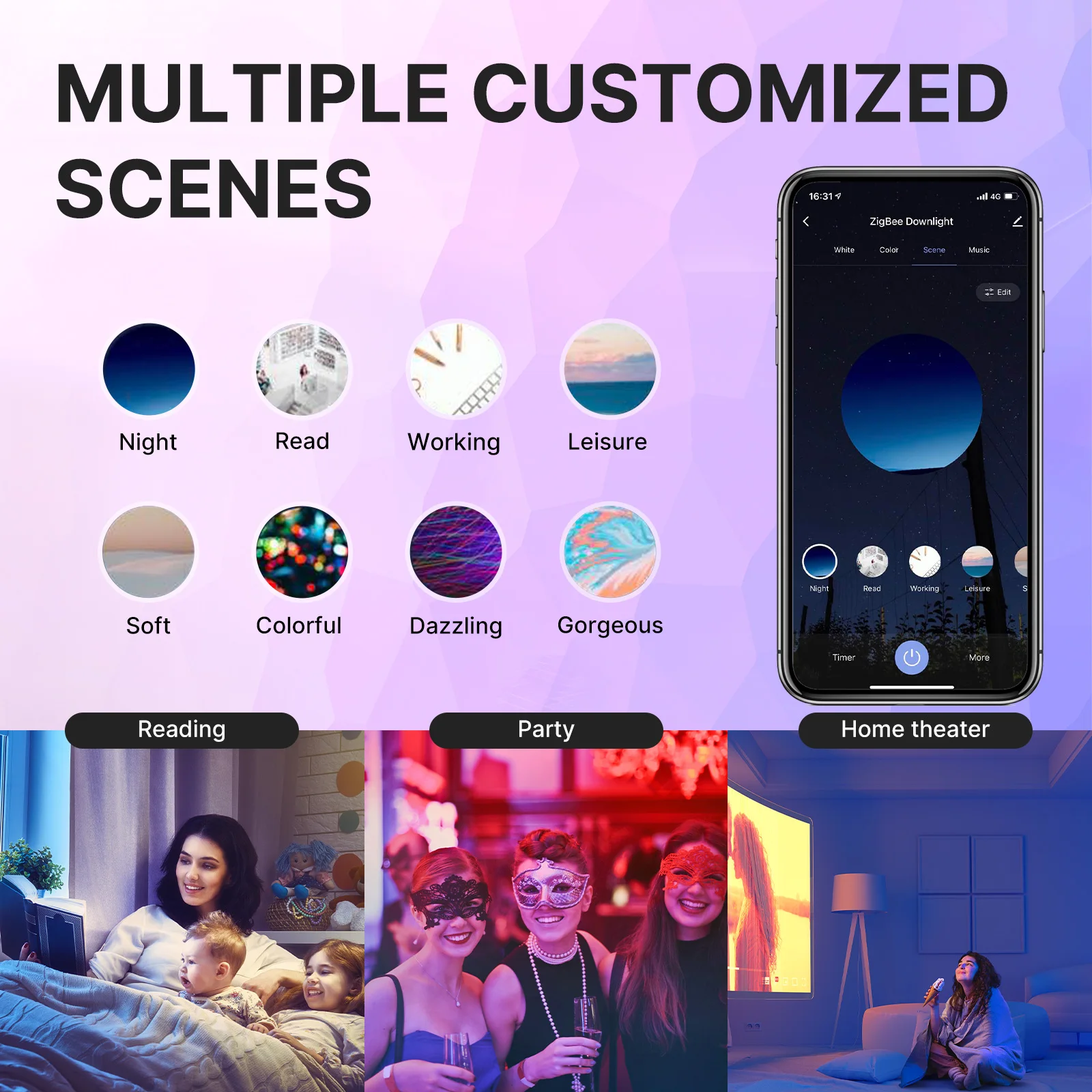 MOES ZigBee 다운라이트 투야 얇은 디밍 스폿 램프, RGB 변화, 따뜻한 쿨 라이트, 알렉사 구글 홈, 스마트 라이프, 파티에서 작동, 6W