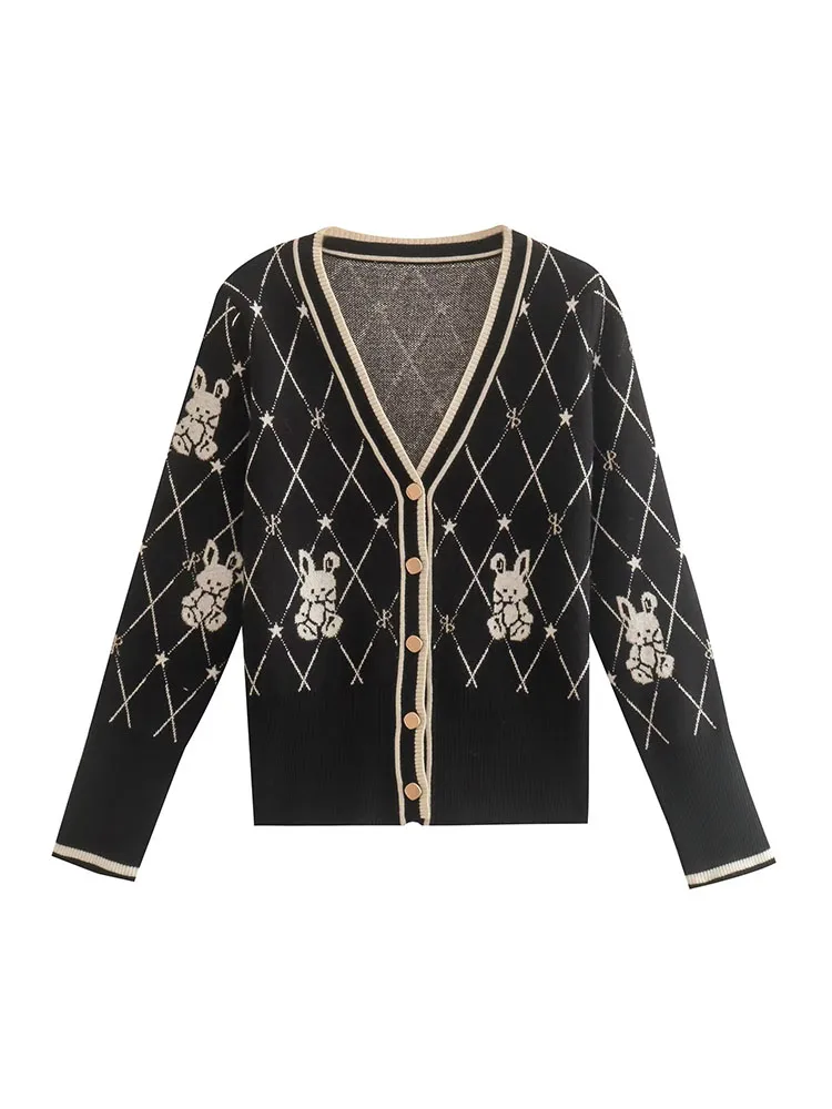 

2022 Women Spring Fashion Animal Crochet Contrast Color Knit Jacket Casual Long Sleeve Single Breasted V-Neck Female Cardigan