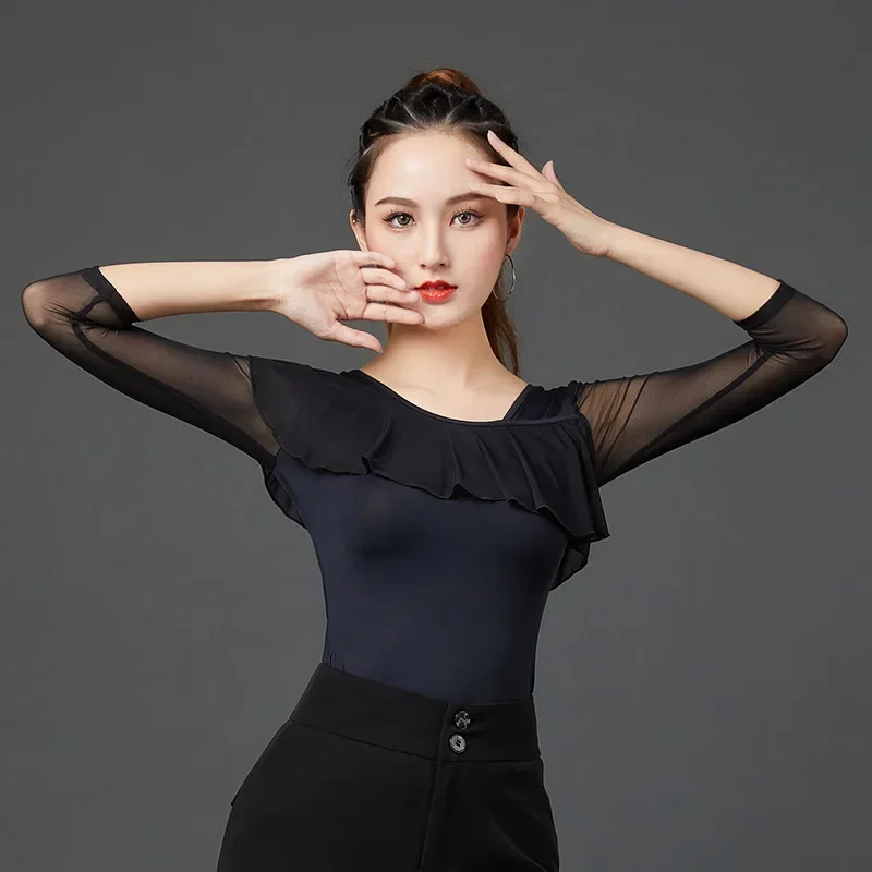 

Latin Dance Clothes Female Adult Practice Clothes Modern Square Dance Top New Medium and Long Sleeve Performance Dance Wear